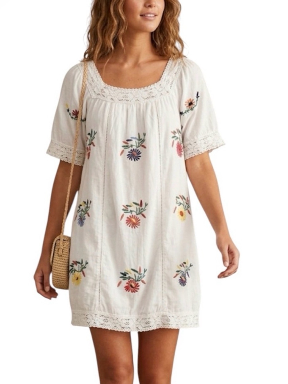 2 Chic Luxe Boho White Multi Floral Embroidered Crochet Shift Dress S/M …